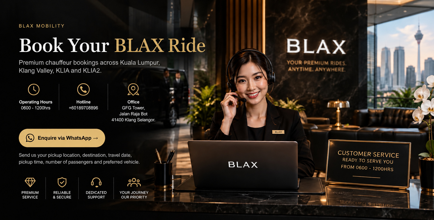 BLAX customer service representative ready for bookings