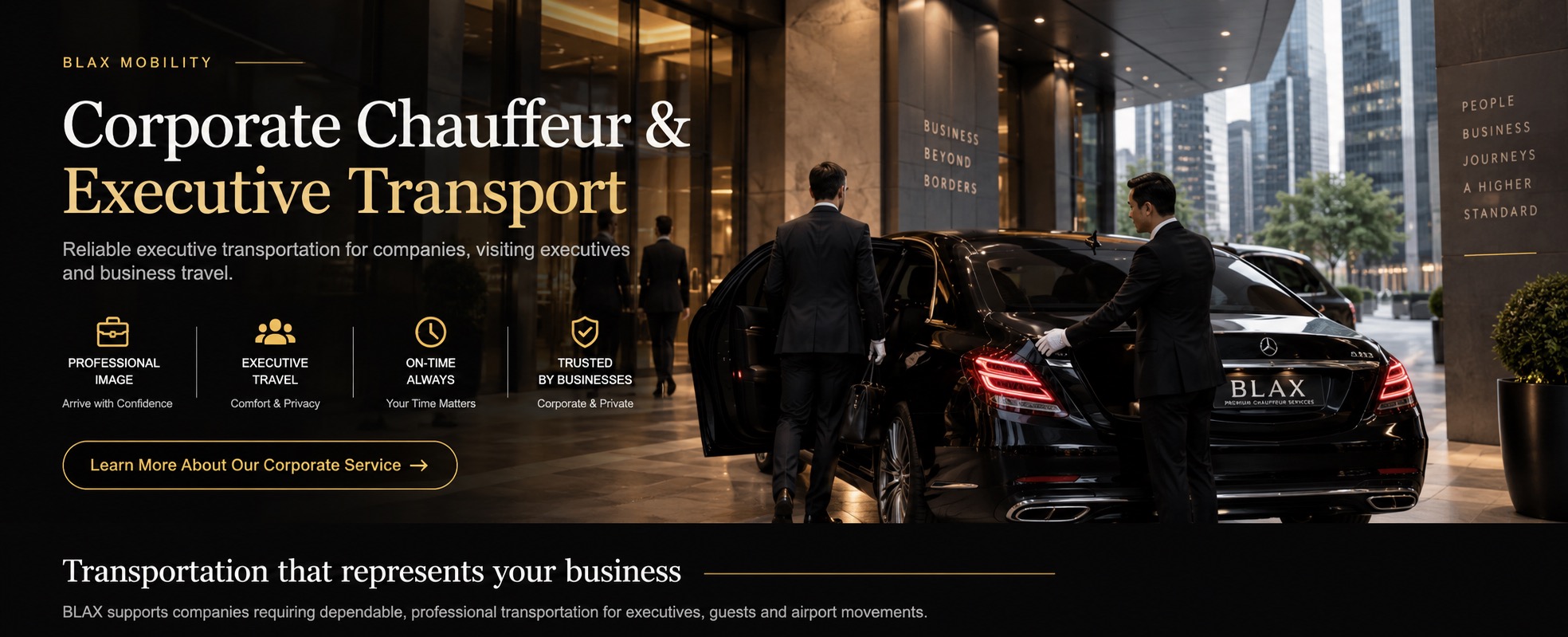 BLAX corporate chauffeur at a business entrance